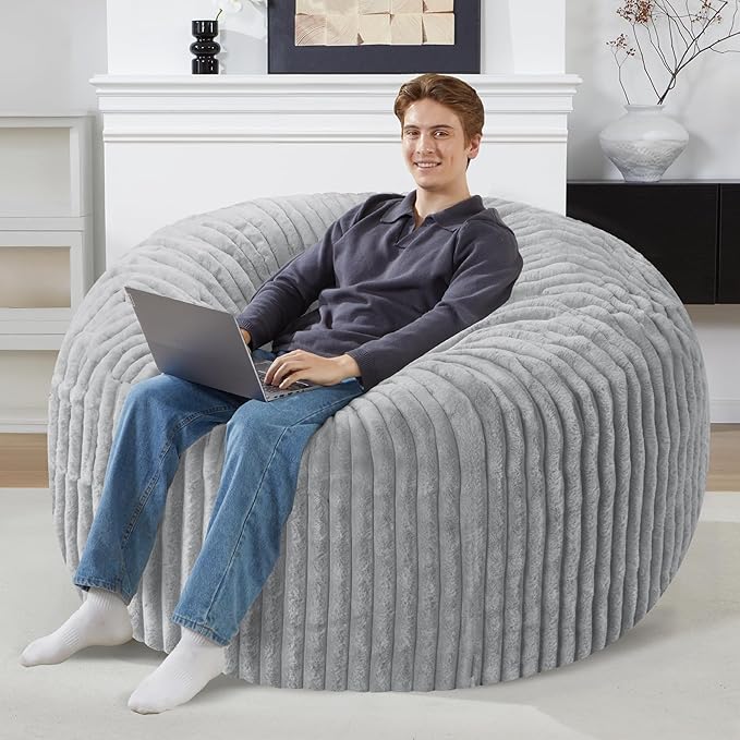 Homguava 4 FT Bean Bag Chair,4' Big Bean Bag,Large Bean Bag Chairs for Adults with Memory Foam Filled,Comfy Beanbag Chairs Soft Bean Bag Sofa with Dutch Corded Plush Cover-Light Grey