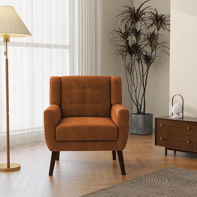DREAMSIDEA Accent Chair, Modern Velvet Arm Chair for Living Room, Bedroom, Comfy High-Resilient Sponge Reading Chair for Small Spaces-Velvet Orange, Set of 1