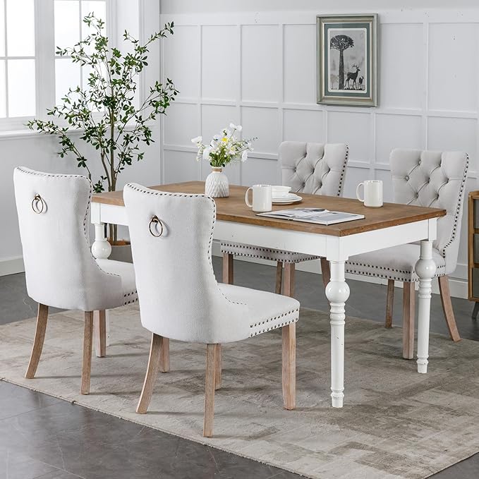 YeahFurn Beige Mid Century Modern Dining Chairs Set of 2, Linen Upholstered Kitchen & Dining Room Chairs with Nailhead Trim & Solid Wood Legs, Elegant Sillas De Comedor (Beige, 2 Pcs)