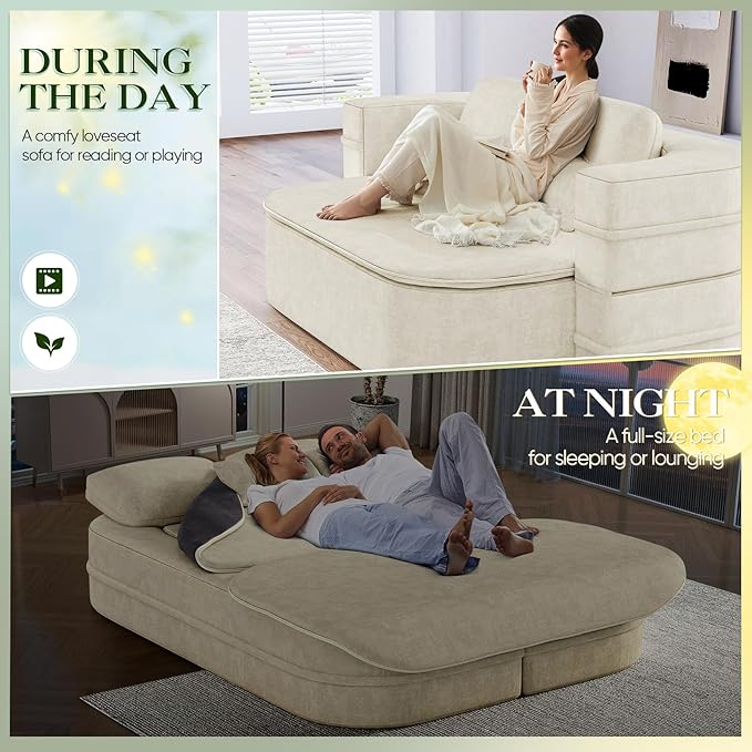 Antetek Convertible Sleeper Sofa, Modern Folding Futon Chenille Floor Foam Compression Loveseat Sofa Bed Couch, Foldable Full-Size Guest Bed with 4 Pillows for Living Room Bedroom Apartment, Beige
