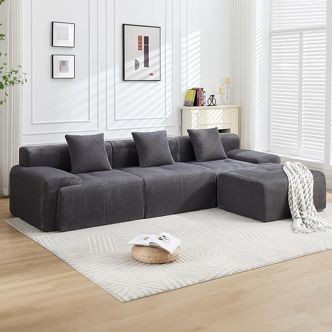 118" Modular Sectional Sofa, Cloud Sectional Couch with Chaise,Modern Boneless L-Shaped Sofas with Deep Seat, Upholstered Comfy Couches for Living Room, No Assembly Required, Plush Corduroy, Deep Gray