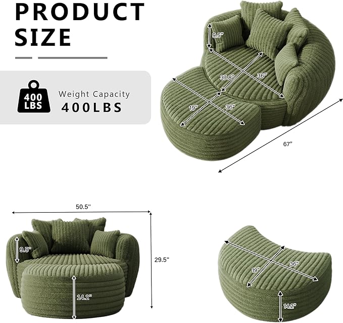 Oversized Chaise Lounge Chair Indoor with Ottoman 50.5" W x 67.0" D Round Soft Corduroy Comfy Oversized Reading Chair with 5 Pillows for Living, Reading Room - Olive Green
