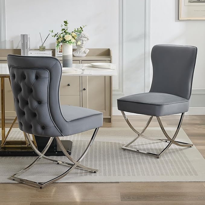 WUTUTUEE Luxury Velvet Dining Chairs, Tufted Upholstered Armless Accent Chairs with Silver Metal X-Legs, Modern Glam Dining Room Chair Set of 2, Dark Grey