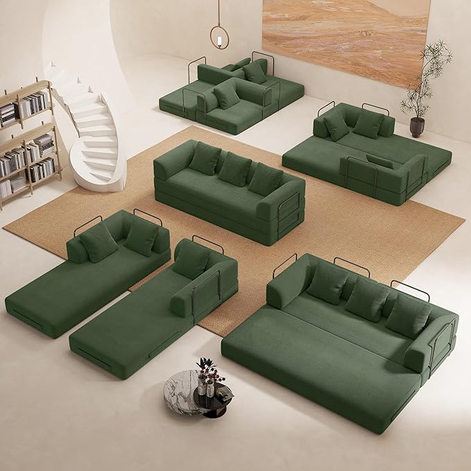Cloud Boneless Convertible Sleeper Sofa Bed for Living Room 89" 4-in-1 Foldable Compressed Lounge 3 Seater Floor Couches High-Density Sponge & Corduroy Fabric Multi-Form Pull Out Futon Daybed(Green)