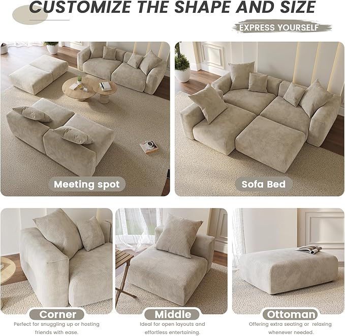 WJShome Cloud Couch Modular Sectional Sofa,102inch Corduroy Couch 2 Seater LoveSofa,Beige Convertible Sectional Sofa for Living Room, Cushion Covers Removable& Washable