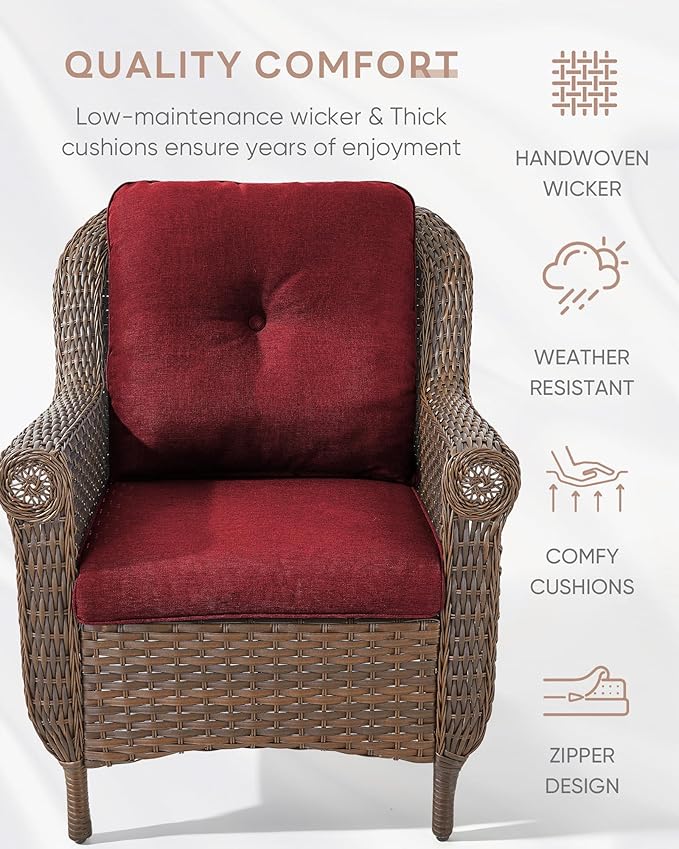 ACTREST Patio Wicker Chairs Outdoor Furniture Chair - Set of 4 Outside All Weather Lawn Dining Brown Rattan Armchair with High Back&Deep Seating for Deck Porch Balcony Backyard Garden - Red