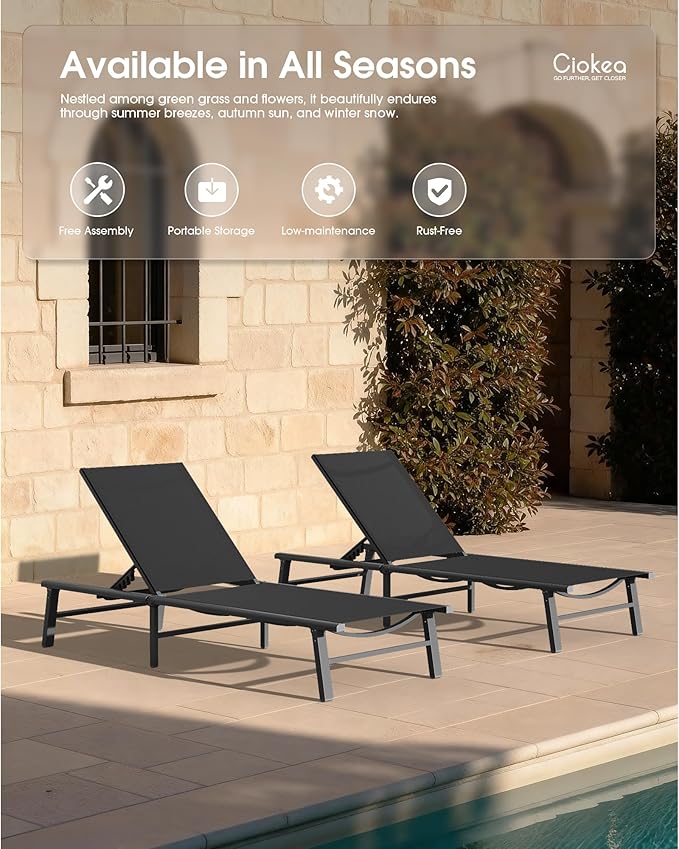 Ciokea Aluminum Outdoor Lounge Chair Set of 2- No Assembly Needed, Foldable Patio Chaise Lounge with 5 Adjustable Positions, Reinforced Frame for Extra Durability, Pool Beach Lounge Chair, Black