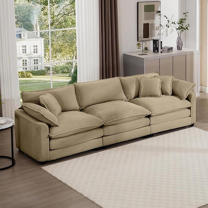 Aoowow Corduroy 3 Seater Sofa Couch,Modern Large Cloud Couches for Living Room,Modular Sectional Cloud Sofas with Deep Seat,Oversized Tufted 3 Seat Sofa Set. (Tan, 3 Seater)