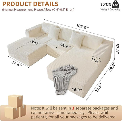 110 Modular Sectional Boneless Sofa with 2 Ottomans, Corduroy U-Shaped Modular Sectional Sofa, Convertible Cloud Couch with Deep Seats, No Assembly Required (White, 110" 3Seat+2 0ttoman)