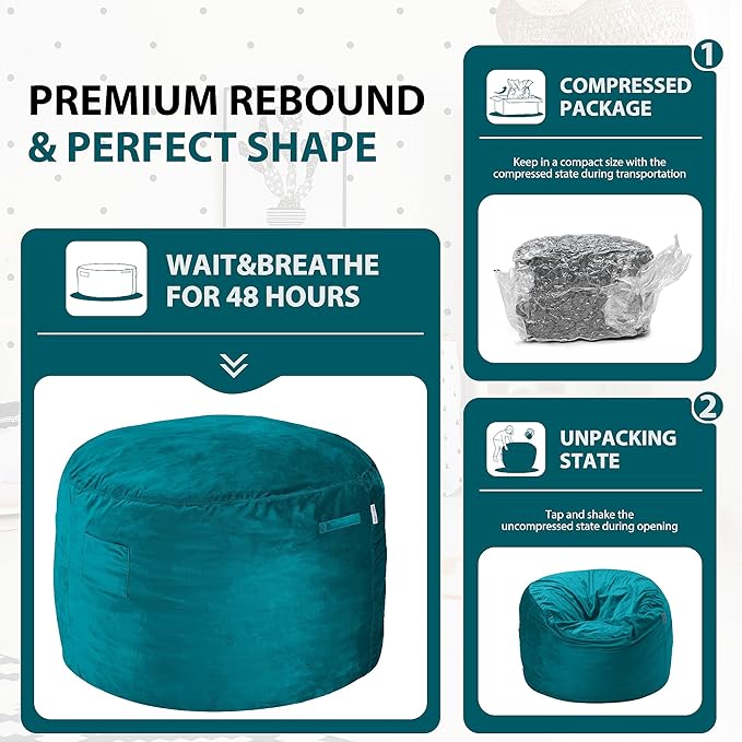HABUTWAY Bean Bag Chair 3Ft Luxurious Velvet Ultra Soft Fur with High Rebound Memory Foam Bean Bag Chairs for Adults Plush Lazy Sofa with Fluffy Sponge 3' (Sea Blue)