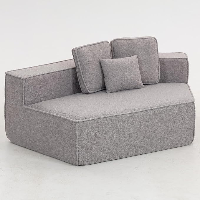 EPOFIT 1-Seater Teddy Fleece Modular Sofa Chair, Low-Profile Floor Seat with Wide Cushion and All-Foam Support, Right-Facing Design, Compressed Packaging – Grey