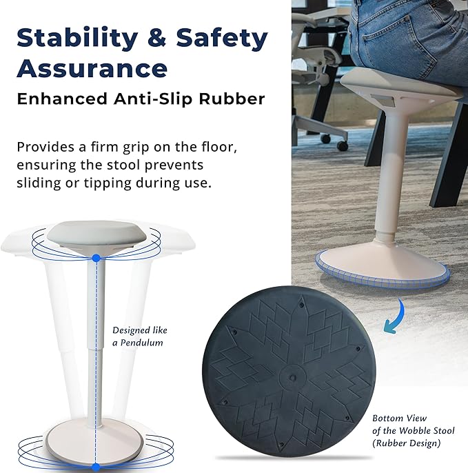 Standing Desk Stool Chair, Height Adjustable 16-24 inch for Office and Classroom, Swivel Base, Anti-Slip Bottom Ergonomic Wobble Stool with Rocking Motion, White