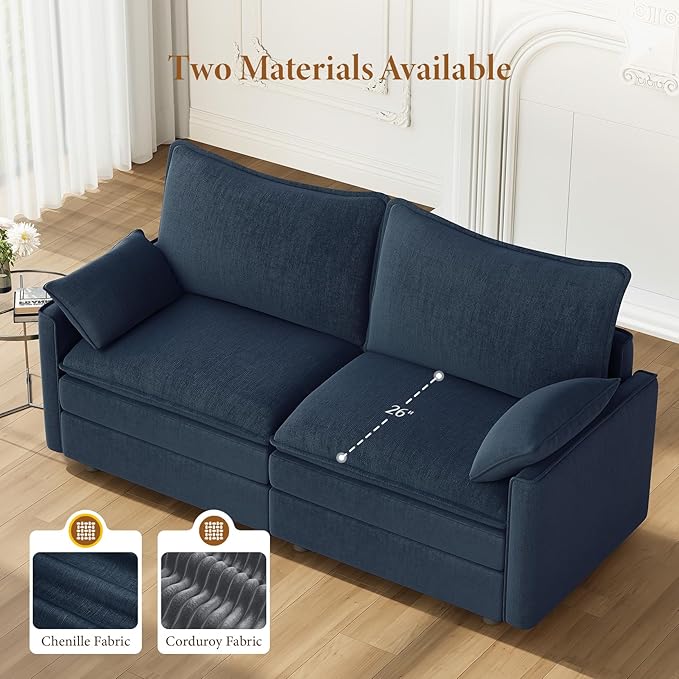 Vesgantti 74" Loveseat Sofa for Living Room, Comfy Cloud Couch Deep Seat Chenille Modern 2 Seater Small Sofa with Armrest Pillow, Easy Assembly for Small Spaces, Blue