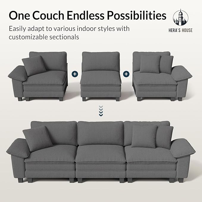 HERA'S HOUSE 124" Modular Sectional Sofa, Oversized U Shaped Couches for Living Room, Comfy Cloud Couch with Ottoman, 5-Seater Deep Seat Sofa with Throw Pillow, Corduroy Grey