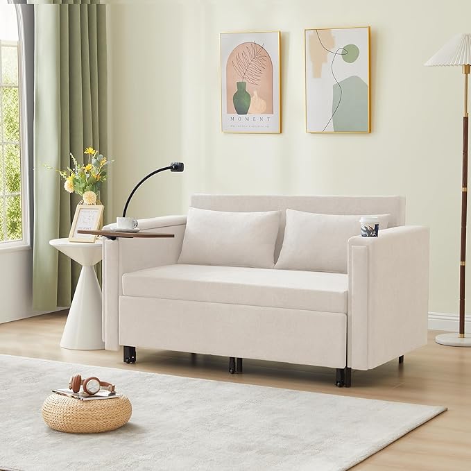 ORRD Pull Out Sofa Bed, 2-in-1 Multi-Functional Sleeper Couch Small Loveseat Bed with Hidden Side Table, Phone Holder and Cup Holder for Living Room, Small Space, Apartment (White)