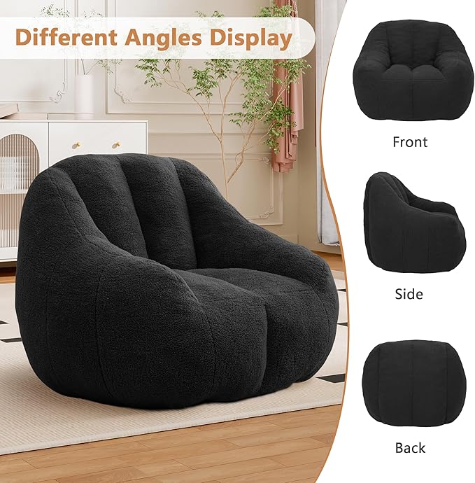 Setawix Bean Bag Chair with Filler, Comfy Teddy Bean Bag Chairs for Adults and Kids, Cozy BeanBag Sofa Fully Floor Couch with Memory Foam for Living Room Bedroom,Dark Grey