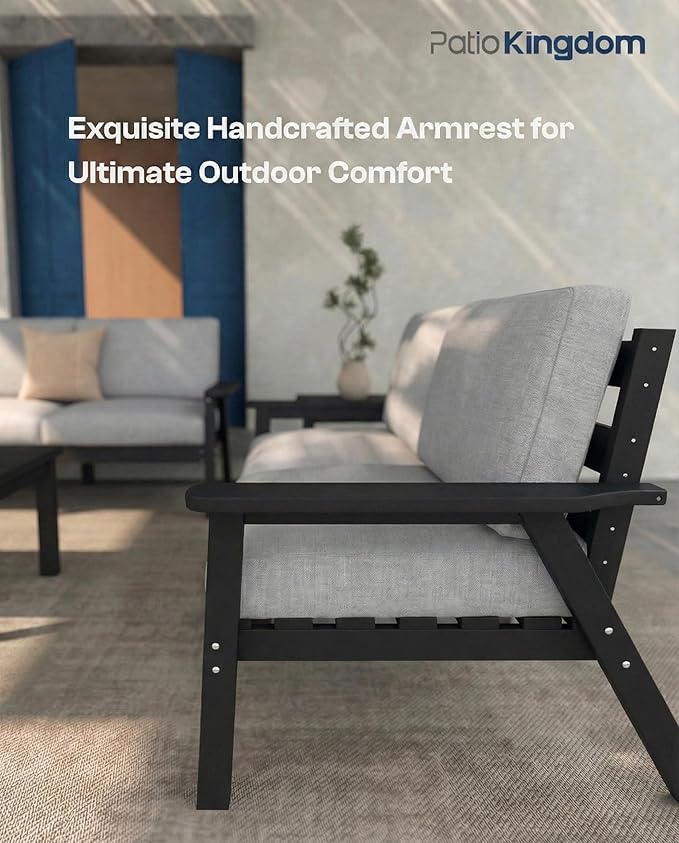 Patio Kingdom Patio Furniture Set 2 Seats, HDPE Outdoor Sectional with Gray Washable Thick Cushions, Coffee Table, Patio Conversation Sets for Lawn, Garden, Porch, Balcony, Deck (Black Frame)