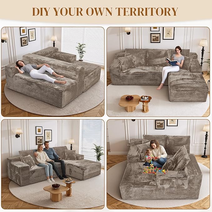 108" Boneless Cloud Sectional Couches for Living Room, Comfy Fluffy L Shaped Memory Foam Deep Seat Boneless Couch, Modular Sectional Sofa with Right Facing Chaise, Brown