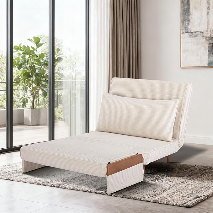 CITTANEO 42" Convertible Sleeper Chair, 3-in-1 Chair Bed Sleeper for Adults with Adjustable Backrest, Pillow & Wooden Arms, Loveseat Sofa Bed for Apartment, Office, Beige