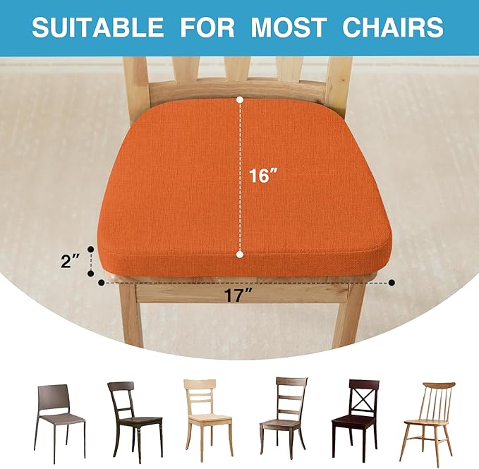 Chair Cushions for Dining Chairs Set of 6, Non Slip Kitchen Chair Pads, 17" x 16" x 2", Indoor Dining Chair Cushions with Ties, D-Shaped Seat Cushions for Kitchen Chairs, Orange
