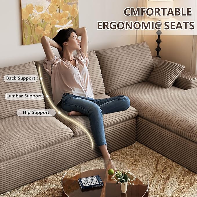 107 Inch Modular Sectional Sofa with Deep Seat, Corduroy Cloud Sectional Couch, Modern Boneless Couches with L-Shape Chaise for Living Room Bedroom, No Assembly Required (Camel, Right Facing Chaise)