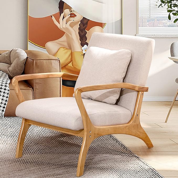ELUCHANG Accent Chair with Lumbar Pillow,Mid-Century Modern Accent Chair Armchair, Linen Fabric Comfy Reading Chair Lounge Side Chair for Living Room Bedroom Apartment,Easy Assembly(Beige,2PCS)