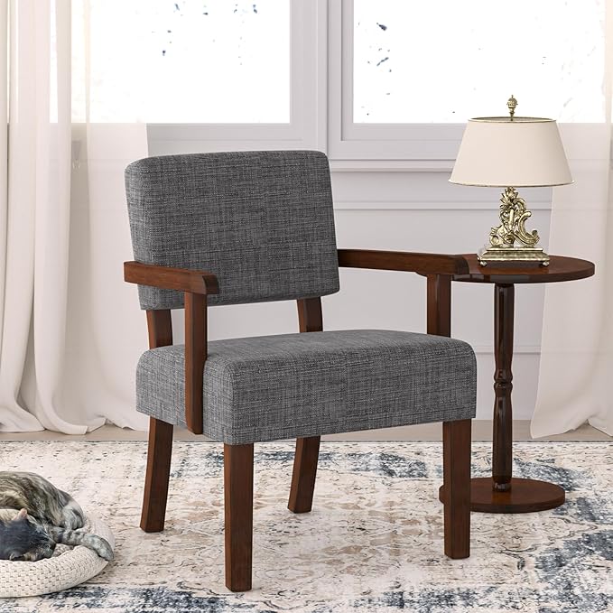 FAGAGA Accent Chair,Armchairs with Solid Wood Frame and Legs,Upholstered Reading Leisure Chair for Bedroom,Office,Waiting Room (Linen, Gray, One Chair)