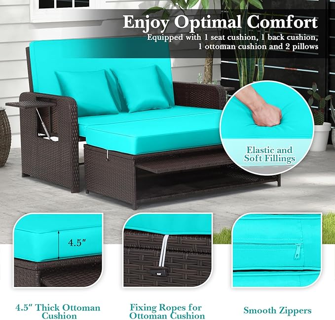 RELAX4LIFE Wicker Patio Outdoor Daybed - Rattan Day Bed Lounger with Loveseat & Storage Ottoman, Sunbed Sofa Set w/Cushions, 4-Level Adjustable Backrest & 2 Retractable Trays, Patio Daybed (Turquoise)
