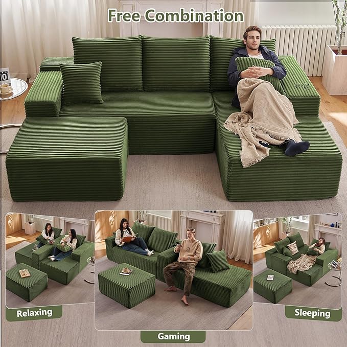 Lakifun 107" U-Shape Cloud Couch, Modern Modular Sectional Comfy L-Shape Sofa with Ottoman, Deep Seat, Upholstered Corduroy Sleeper Chaise Longue for Living Room Bedroom, No Assembly Required, Green