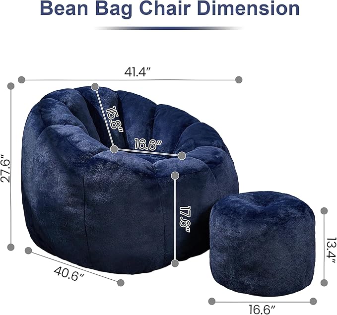 Pumpkin Shaped Bean Bag Chair with Ottoman, Gaint Bean Bag Chair for Adults, Faux Rabbit Fur Comfy BeanBag Floor Sofa Chair for Reading, Playing, Relaxing, Dark Blue
