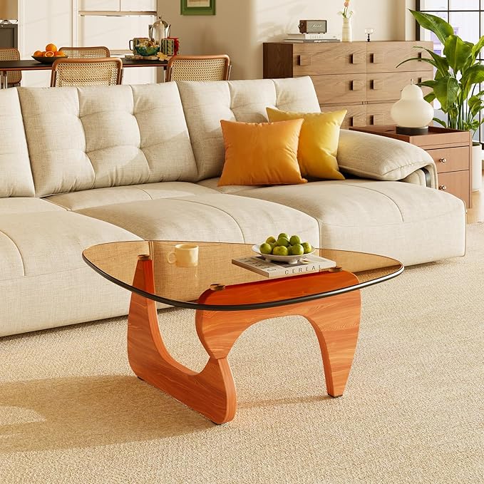LUCKIIA Coffee Tables Glass Small Farmhouse Coffee Table Mid-Century Modern Wood Center Table for Living Room, Walnut Brown, 45 Inch