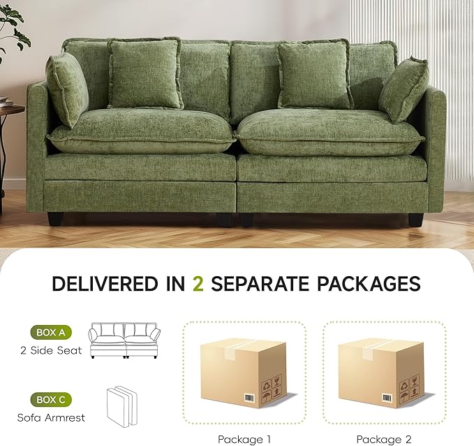 UMBFUN 2-Seater Cloud Couch, Oversized Comfy Modular Sectional Sofa with Deep Seat Cushions, Chenille Loveseat for Living Room, Apartment & Small Spaces, Green