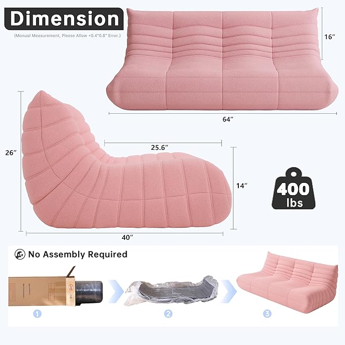 Bean Bag Chairs for Adults, BeanBag Reading Chair Memory Foam Couch 3-Seater, Floor Chair Soft Teddy Material, Comfy Reading Nook Chairs for Bedroom Living Room Office (Pink)