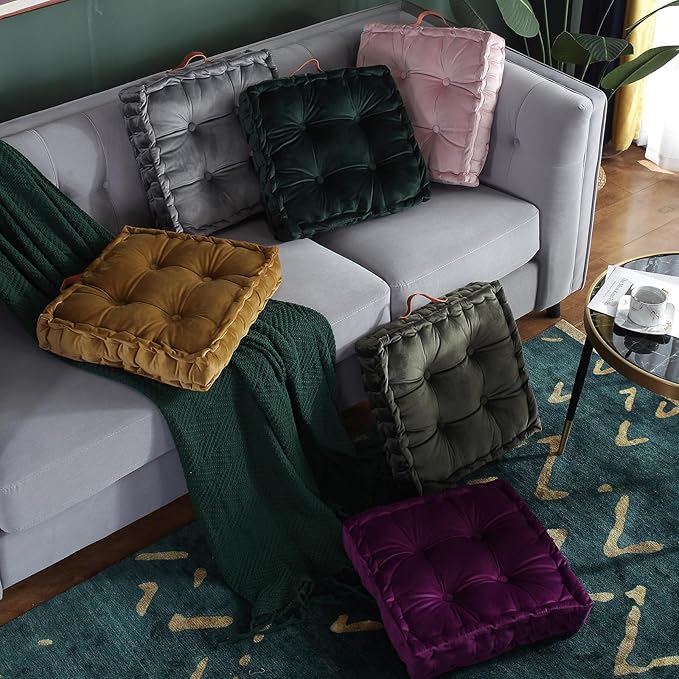 vctops Square Solid Color Velvet Seat Cushion with Handle Tufted Thicken Chair Pad Tatami Floor Pillow Cushion 16.5"x16.5"x4" Grey
