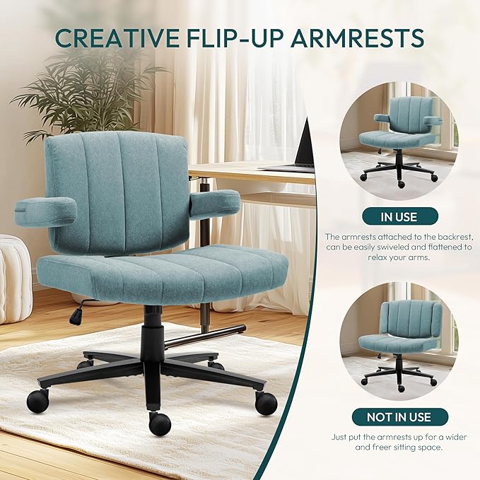 Vigosit Blue Criss Cross Office Chair with Wheels, Ergonomic Wide Seat Vanity & Dressing Table Chair, Adjustable Arms Swivel Rolling Desk Chair for Women, Comfortable Cross-Legged Support
