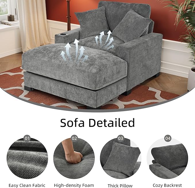 Oversized 60" Chaise Lounge Sofa, Chaise Lounge Recliner with Adjustable Backrest, Built-in Cup Holder USB and Type-C Port, 2 Pillows, Sleeper Couch with Deep Seat for Living Room, Bedroom, Gray