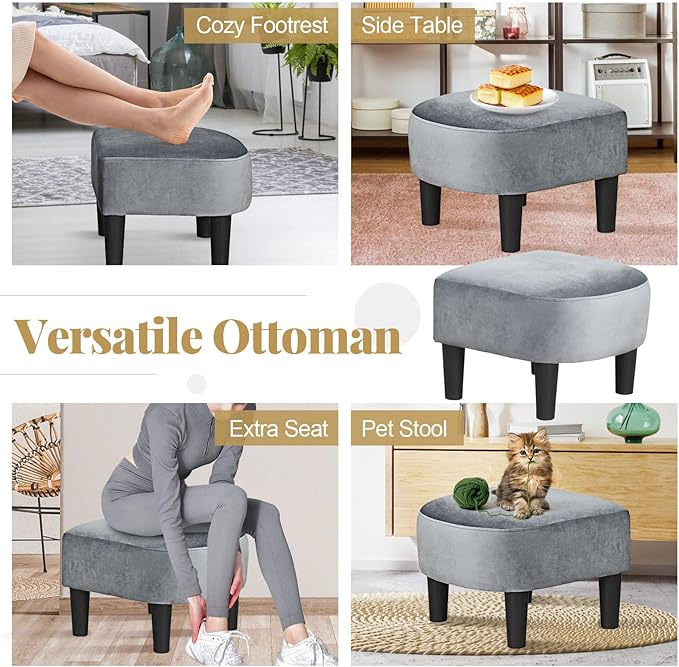 GOFLAME Accent Chair with Ottoman, Modern Velvet Fabric Barrel Chair with Footrest, Curved Backrest, Removable Seat Cushion, Upholstered Club Tub Sofa, Reading Armchair for Living Room, Bedroom, Gray