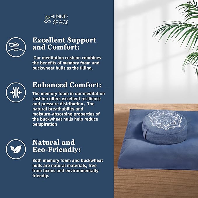 Meditation Zafu Cushion Set with Buckwheat Hulls & Memory Foam - Ergonomic Support for Yoga & Sitting - Removable Machine-Washable Luxury Velvet Cover - for Adults and Kids (Blue)