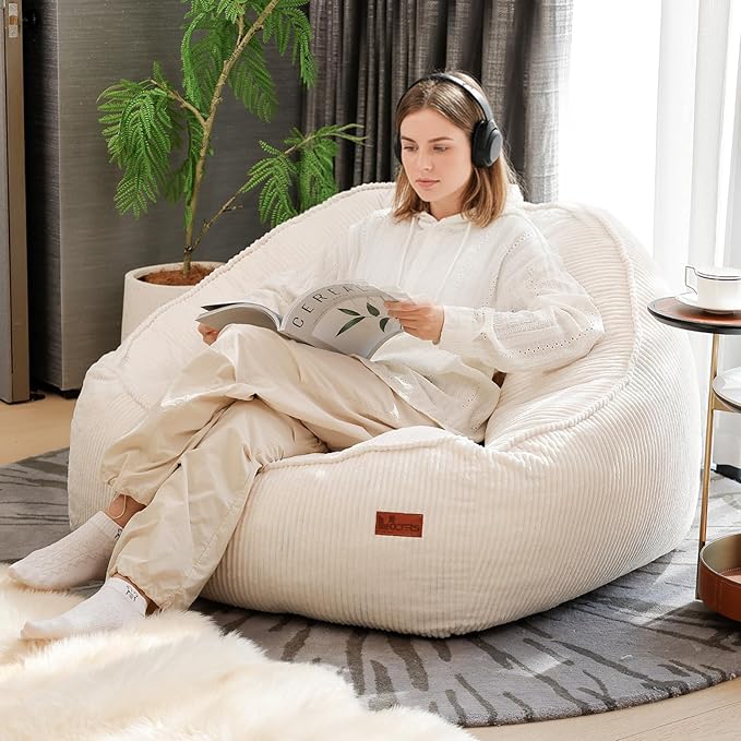 Giant Bean Bag Chair for Adults, Teens and Kids, Cozy Fluffy Corduroy Beanbag Chair with Filler, Large Floor Lounge Sofa for Living Room, Bedroom, Dorm, Gaming and Reading（L-White）