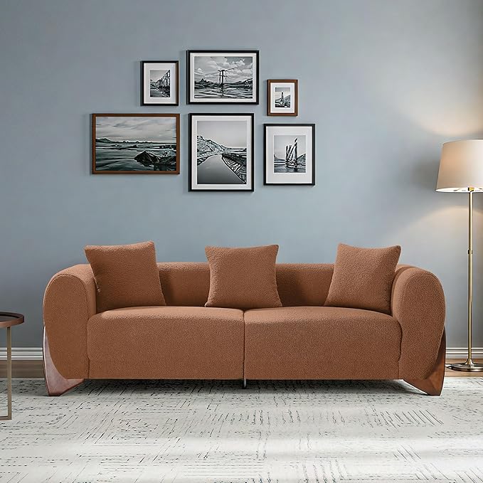 87" Sherpa Boucle Cloud Couch Modern 3 Seater Sofa with Solid Wood Legs, 25" Extra Deep Seat, Comfy Thick Cushion Upholstered Sofa Couches with 3 Pillows for Living Room, Caramel
