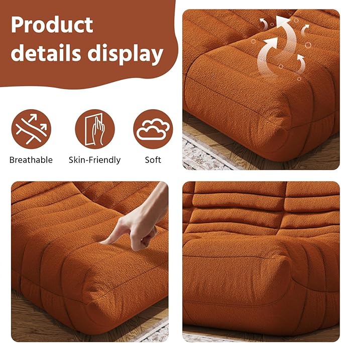 Bean Bag Chair, Fireside Chair, Large Bean Bag Chair for Adults, Bean Bag Chairs for Teens with High-Resilience Foam, Non-Slip Base Floor Lounge Sofa,Living Room (Orange, Loveseat)