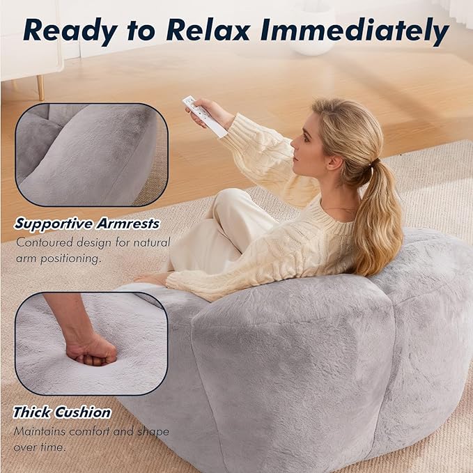 3.28 Feet Bean Bag Chair for Adults, Shell-Shaped Bean Bag Lazy Couch, Faux Fur Cloud Sofa Chair, Lounge Floor Sofa with Filler for Reading, Gaming & Watching, No Assembly Required (Light Grey)