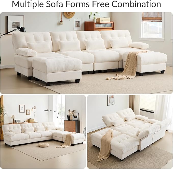 GRAINLLE 119'' Modular Sectional Cloud Couch with 2 Ottoman,Deep Seat Sleeper Sofa U Shaped Sectional Couch,Convertible Upholstered Comfy Chenille Sectional Sofa for Living Room,Bedroom(Ivory)