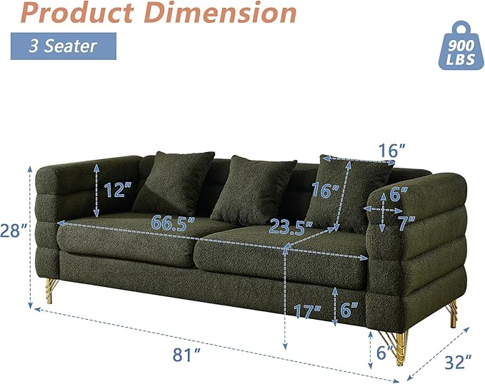 mikibama Modern Teddy Sectional Sofa, 81 Inch Oversized Sofa Couch, Luxury 3 Seater Deep Couch with 3 Pillows and Gold Metal Legs for Living Room, Bedroom, Apartment (Green)
