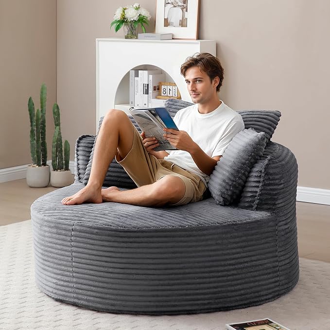 53"W Oversized Round Chaise Longue Chair Indoor,Corduroy Fluffy Comfy Cloud Chair,Circle Bean Bag Sofa with Foam Filling & Pillows,Boneless Reading Cozy Sofa Chairs for Living Room,Bedroom,Grey