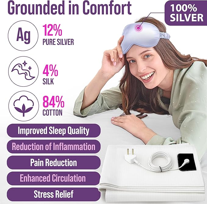 Earth Grounding Sheets Queen Size with 12% Silver Fiber & 4% Silk & 84% Cotton - White - SGS Quality Certified Grounded Well Bed Sheet - Conductive Fitted Sheet for Better Sleep