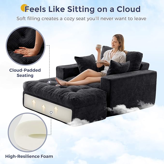 MAXYOYO Oversized Chaise Lounge Sofa, Upholstered Lounge Chair with 3 Pillows, Tufted Boneless Sofa Couch with Ottoman, Deep Seat Sleeper Chair for Living Room, Bedroom, No Assembly, Black
