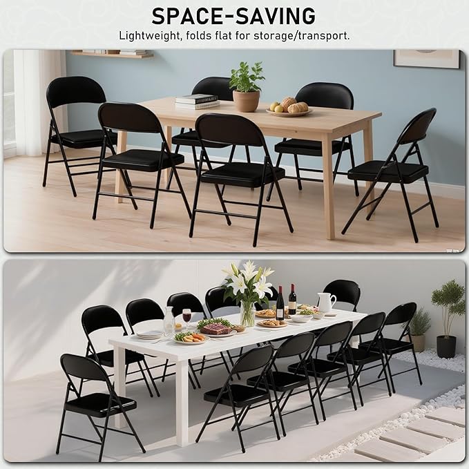 SEALAMB 16 Pack Black Folding Chairs with Padded Seats & Cushion, Durable Metal Foldable Chairs for Wedding Party, Commercial Chairs for Office School Church Events, 330lb Capacity (Black-PU, 16 Pack)