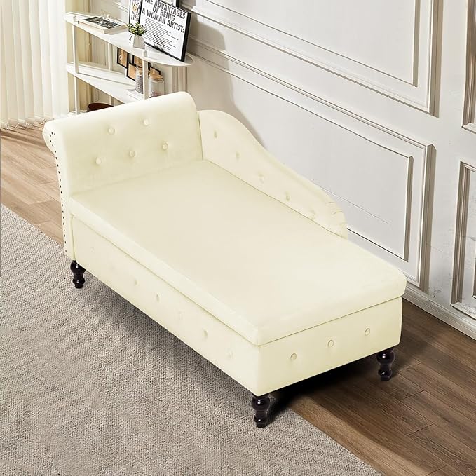 ACMEASE Upholstered Chaise Lounge with Left Armrest & Lumbar Pillow,Button Tufted Lounge Sofa with Storage,Lounge Chair Indoor,Modern Velvet Lounge Chair for Bedroom, Living Room and Office,Beige