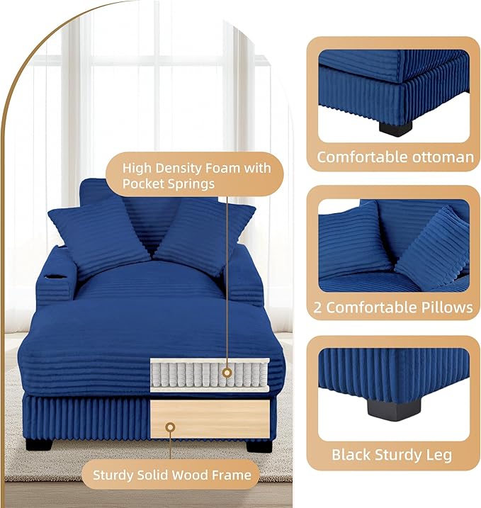 Oversized 60" Chaise Lounge Chair with Adjustable Backrest, Solid Wood Frame Corduroy Upholstery, Cup Holder USB & Type-C Port, 2 Pillows Sleeper Couch Deep Seat for Living Room, Bedroom, Blue